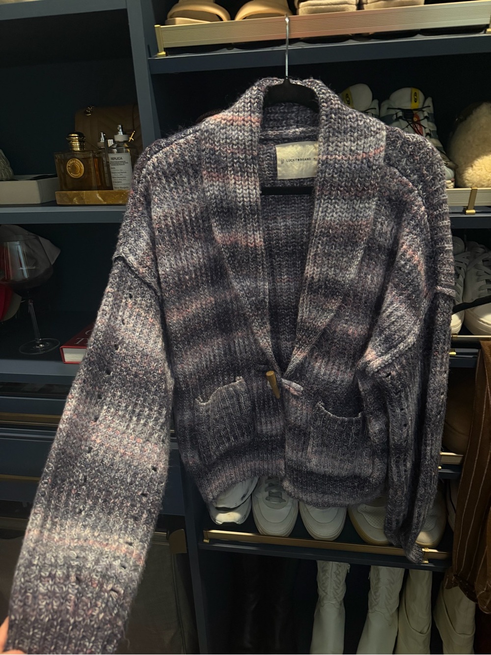 Lucky Brand Heathered Navy and Pink Knit Cardigan